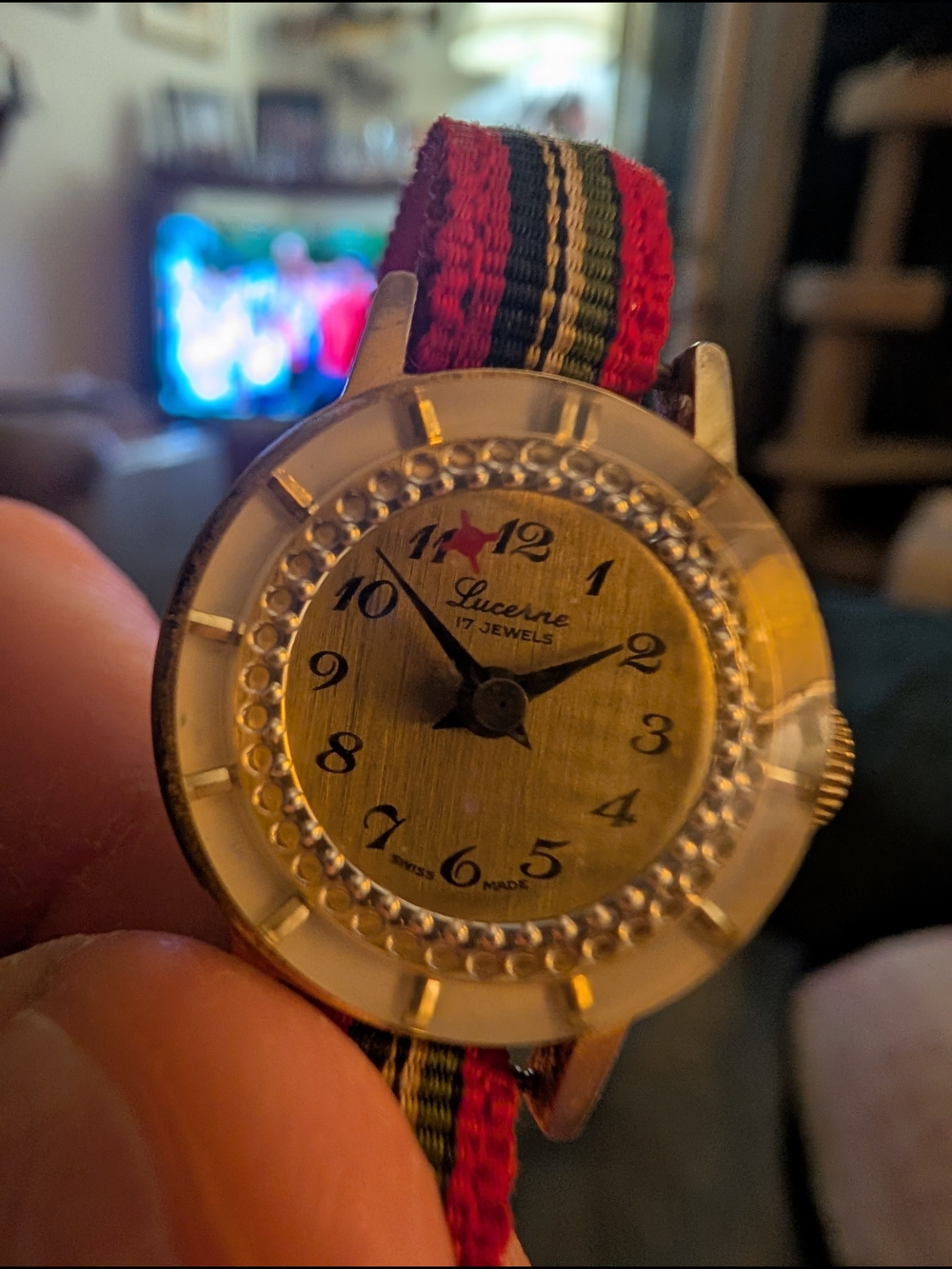 Vintage Lucerne 17 Jewels Mechanical Wind Watch with Red Striped Fabric Strap